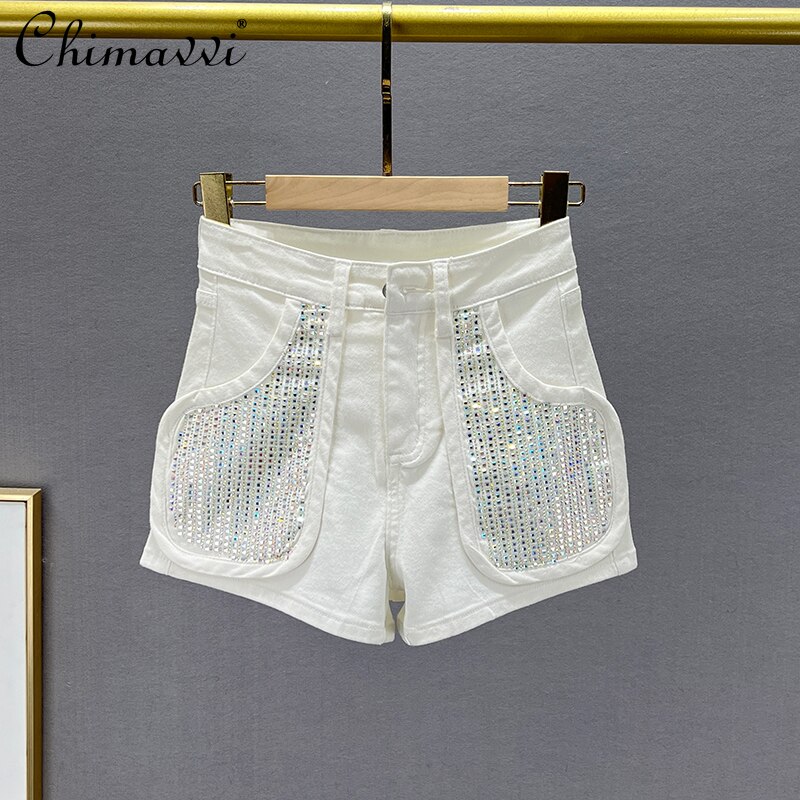 European Fashion Elegant Streetwear Denim Shorts Women&s 2022 New Summer Elastic High Waist Ins Exquisite Rhinestone Hot Pants